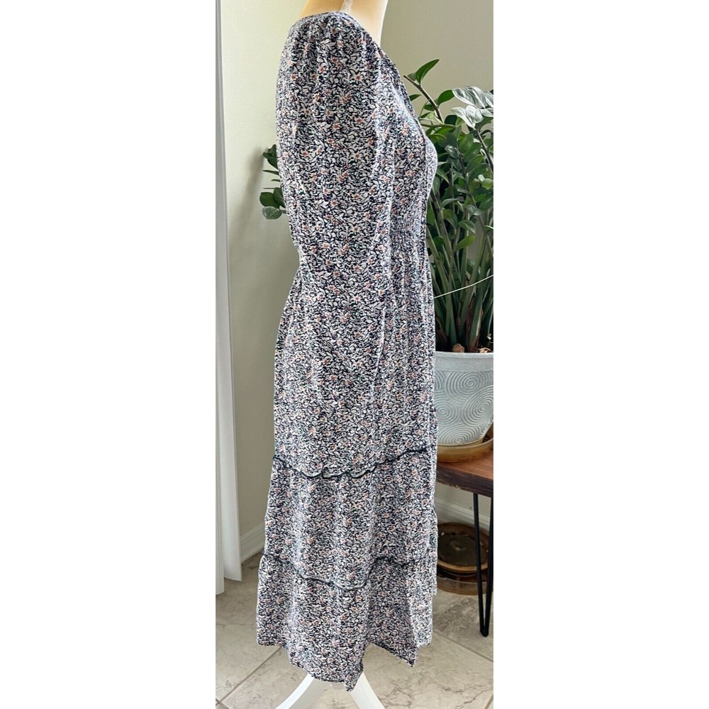 Indigo Rose Floral Midi Dress Long Sleeve Tie Front Layered Elastic Waist Sz S - Picture 3 of 16